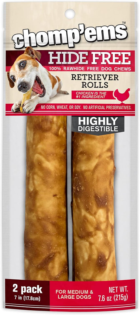 CHOMP 'EMS Chicken Hide Free Dog Chews, Rawhide Free, No Hide Alternative Chew Treat, 7", 2 Count