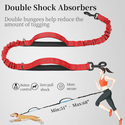 iYoShop Hands Free Dog Leash with Zipper Pouch, Dual Padded Handles, Durable Bungee for Walking, Jogging