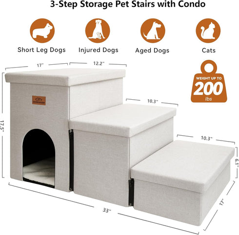 Dog Stairs for High Beds, Folding Pet Steps 17.5"H for Small Medium Large Dogs, Beige Gray with Storage