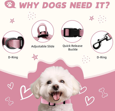 Pink Dog Collar and Leash Set for Medium Dogs, Soft and Breathable, Adjustable with Quick Release Buckle
