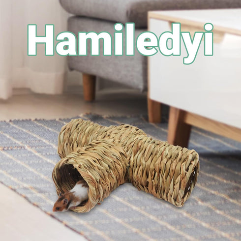 Hamiledyi Nature's Hideaway Hamster Grass Tunnel Toy, Open Entrance Straw House for Guinea Pigs, Hamsters, and Birds