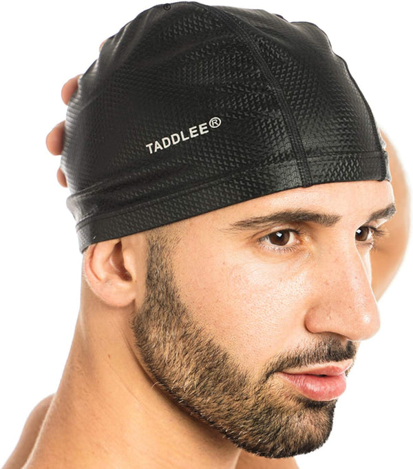 Taddlee Men Swim Cap, PU Fabric Silicone Bathing Swimming Hat, Waterproof Sports Adult Swim Wear Accessories, Large Size