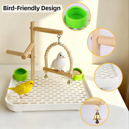Dmnnlp 4 1 In Bird Playground Stan with Large Tray, Food Bowl, Wooden Bird Play Stand and Swing, Play Gym & Accessories