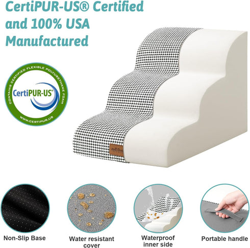 Dog Stairs for Couch or Low Bed, 3 Tiers Foam Pet Steps for Small Dogs, Non-Slip, White-Black, 15.7x22.4x15.7in