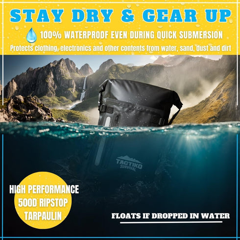 TACTIKO 30L Heavy-Duty 100% Waterproof Backpack - Marine Roll Top Floating Dry Bags for Hiking, Jet Black