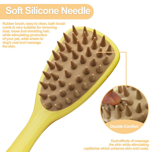 Pet Silicone Shampoo Brush for Dogs & Cats, Washing Brush with Handle for Bathing, Massaging, Hair Removal (Yellow)
