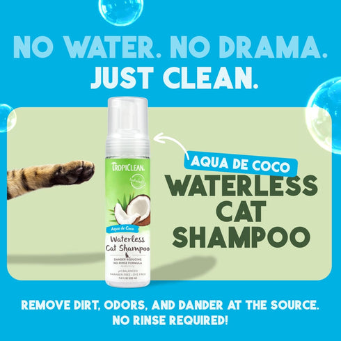 TropiClean No Rinse Waterless Cat Shampoo, Dandruff Treatment, Moisturizing Dry Shampoo, Aqua de Coco Scent