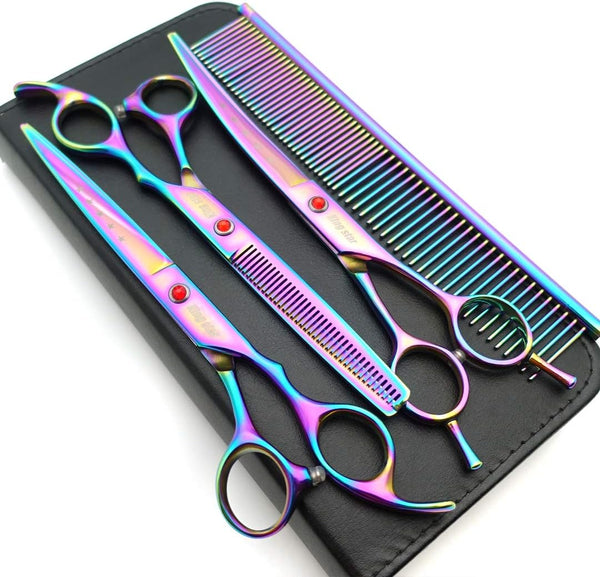 7.0in Titanium Professional Pet Grooming Scissors Set, Straight & Thinning & Curved Scissors, 3pcs Set for Dog Grooming