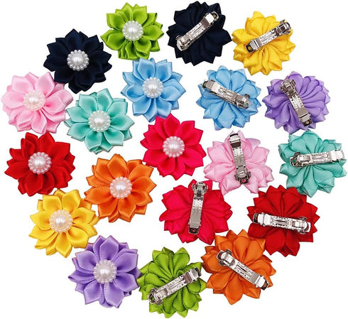 PET SHOW 10 Pairs Flower Small Dogs Hair Bows - 10 Colors with French Barrette Hair Clips