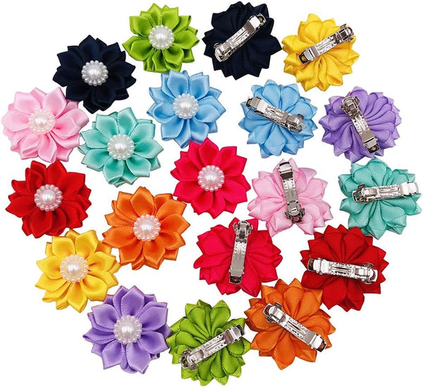 PET SHOW 10 Pairs Flower Small Dogs Hair Bows - 10 Colors with French Barrette Hair Clips