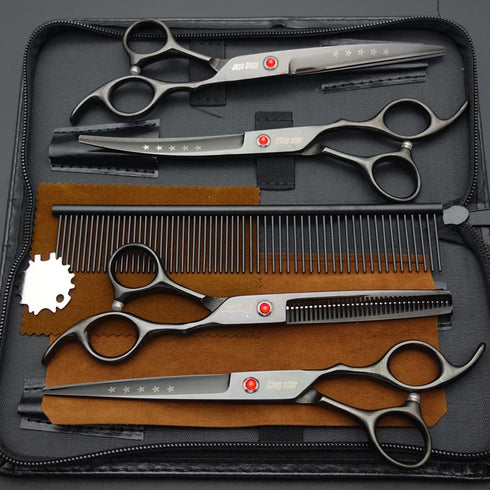 7.0in Titanium Professional Dog Grooming Scissors Set - 4pcs Straight, Thinning & Curved Scissors for Dog Grooming