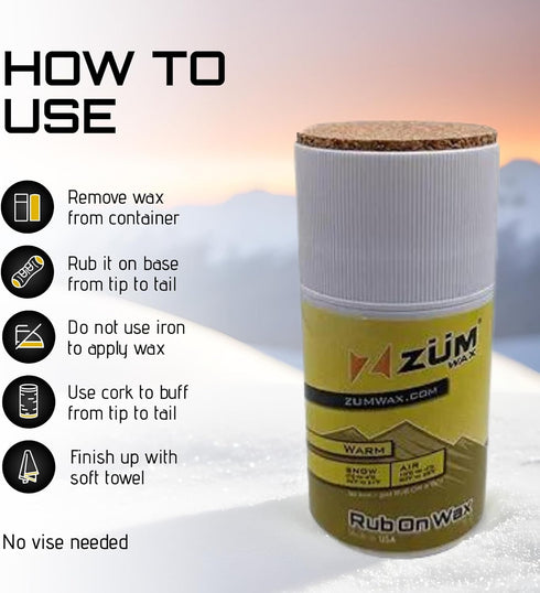 ZUMWax Rub-On Ski/Snowboard Wax 70g, WARM Temperature, Easy Cork Applicator, Made in USA