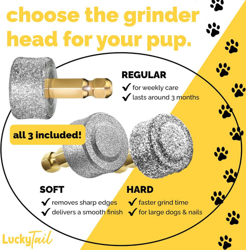 Trimmers 3 Pack LUCKY TAIL - Dog Nail Grinder - Regular, Hard & Soft Replacement Head - Small & Large Dogs - Premium