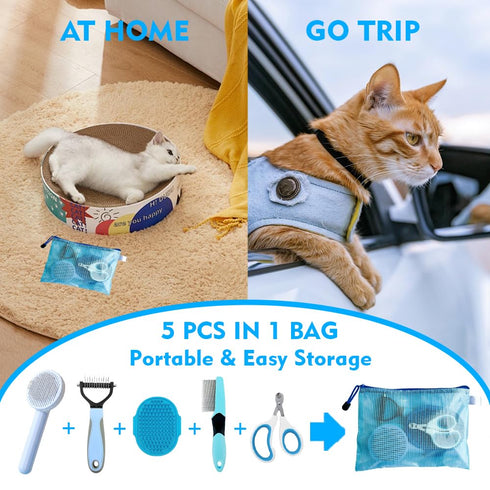 5pcs Grooming Brush Kit - for Shedding & Matted Fur, Self-Cleaning with Flea Comb for Indoor Long-Haired Cats, Blue