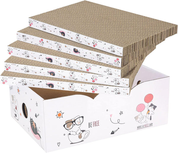 5 Packs in 1 Cat Scratch Pad with Box, Reversible Durable Cardboard Scratcher for Cats to Rest and Grind Claws