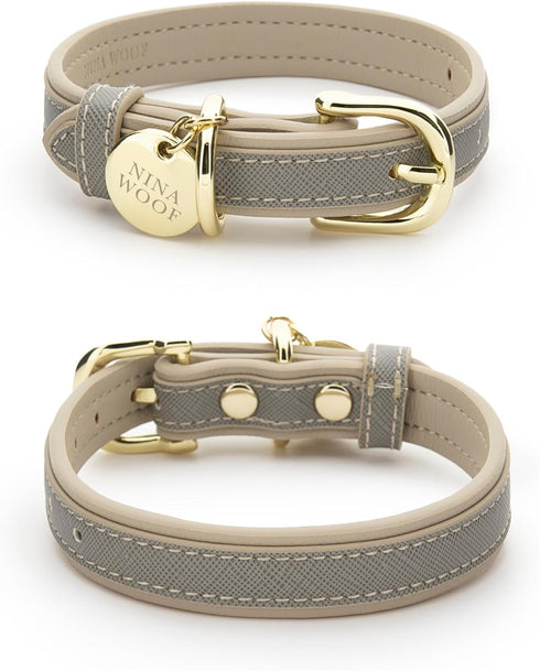 London Vegan Leather Dog Collar, Luxury Adjustable Buckle Collar for Small to Large Dogs, Grey Over Beige, Large