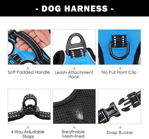 PHOEPET Reflective Dog Harness for Large Breeds, Adjustable No Pull Vest with Handle, 2 Metal Rings (XL, Blue)