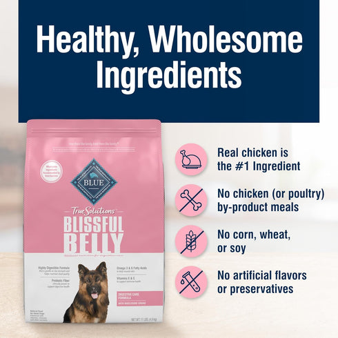 Blue Buffalo True Solutions Blissful Belly Adult Dry Dog Food, Digestive Care Formula, Chicken, 11 lb Bag