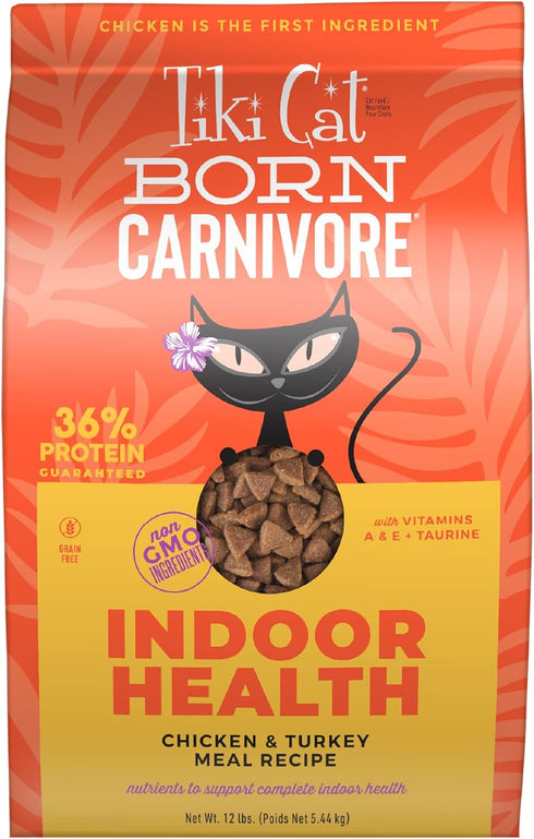 Tiki Cat Born Carnivore Indoor Health, Chicken & Turkey Meal, Dry Cat Food, Grain-Free Baked Kibble, 12 lbs. Bag