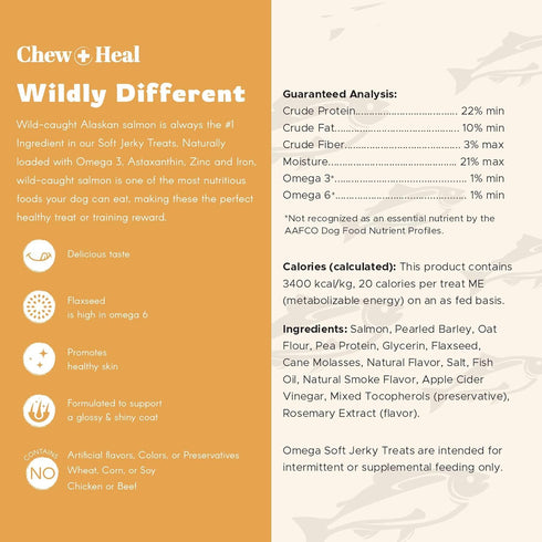 Chew + Heal Labs Omega Salmon Jerky Dog Treats, 12 oz, Soft Salmon Jerky for Skin and Coat