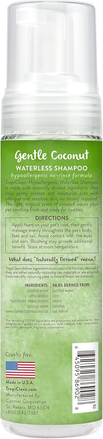 7.4oz TropiClean Hypoallergenic Waterless Dog Shampoo | Dry Shampoo for Allergies & Sensitive Skin | Safe for Cats |