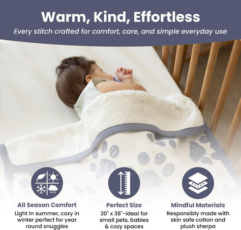 100% 30"x40", Small Pet Blanket - Organic Cotton, Double Layer Plush Sherpa, Soft Plush, Blue Paw Jacquard Knit, Small