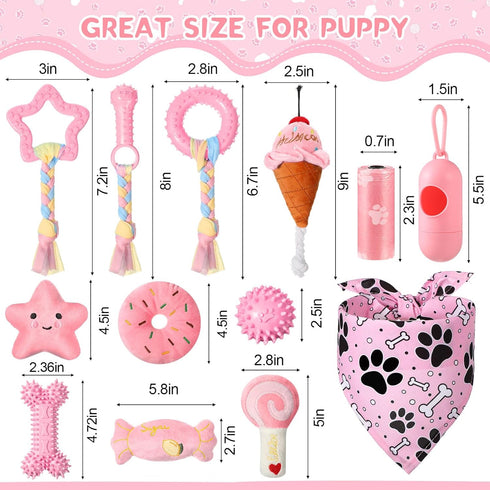 14 Pack Puppy Teething Toys - Chew Toys for Small Dogs - Pink Dog Stuff with Soft Rubber Balls and Colorful Ropes