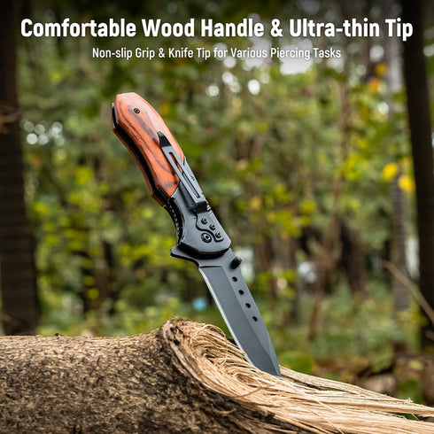 Pocket Knife for Men - 3.46" Sharp Blade Wood Handle Folding Knife with Clip and Glass Breaker, EDC for Camping,