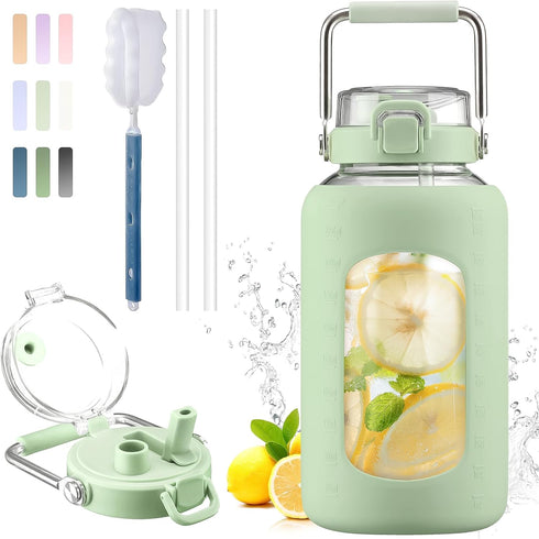 BLUEGO 84oz Water Bottle Glass with Stainless Steel Handle Large 2.5l Water
