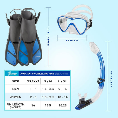 Set Seavenger Aviatar Diving Dry Top Snorkel with Adjustable Open-Heel Fins, Single-Lens Mask, and Mesh Gear Bag