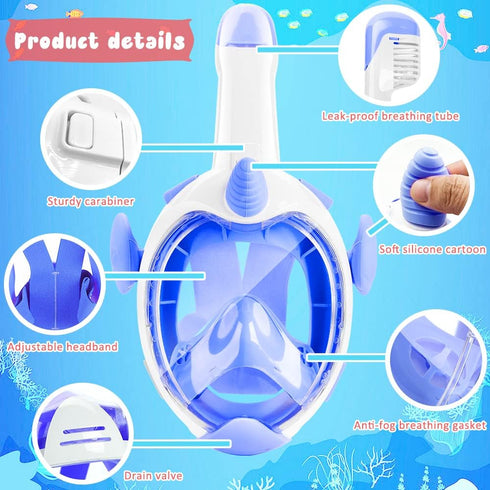 Kids Snorkel Mask, Full Face 180° Panoramic View, Anti-Fog Diving Gear for Ages 4-15, Dry Top