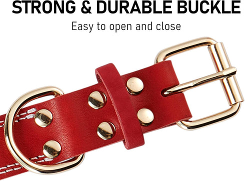 Genuine Leather Dog Collar, Heavy Duty Wide Collar for Small, Medium, Large, Extra Large Dogs (S: 0.8" Wide, Red)