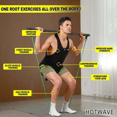 HOTWAVE Portable Resistance Band Bar, Adjustable 33"/45", Full Body Strength Training Fitness Bar for Home Workout
