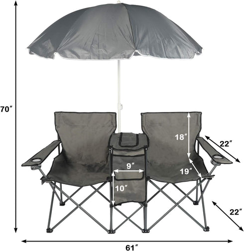 ROHUMTY YILI Double Folding Camping Chairs, Portable Camping Chairs w/Removable Umbrella Mini Table Cooler Bag, Outdoor