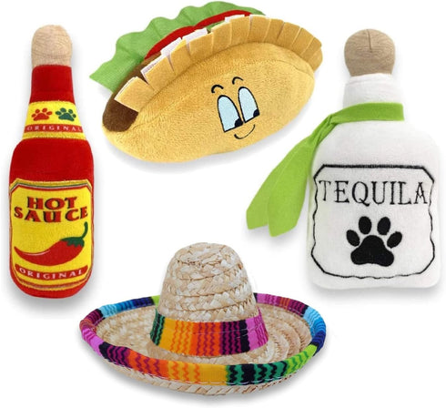 4 Pack Fiesta Dog Chew Toys and Sombrero - Mexican Squeak Plush Toys for Chihuahuas - Taco, Tequila, Hot Sauce