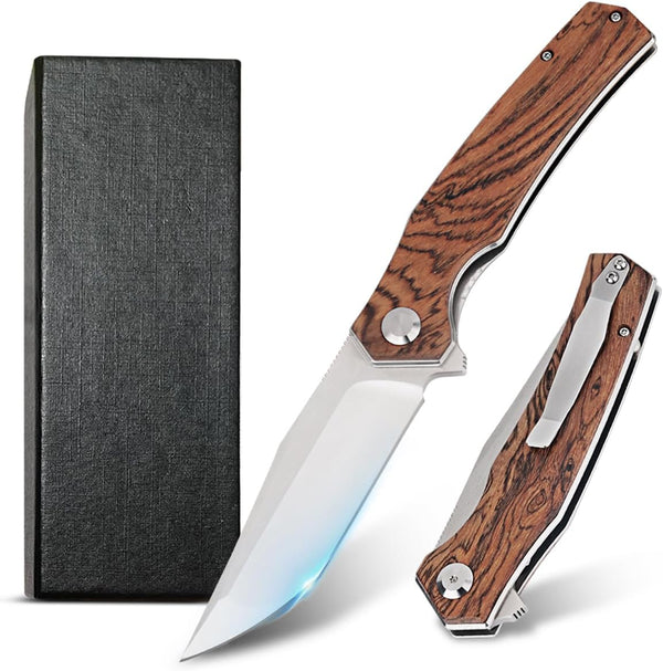 Pocket Folding Knife for Men, D2 Steel Hunting Knife with Wood Handle, Fishing Hiking Survival Knife with Safety Liner