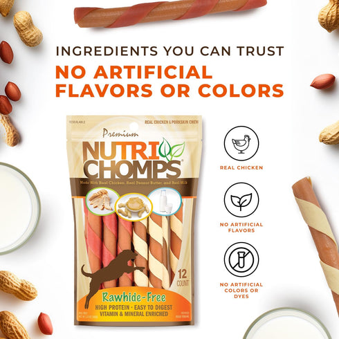 NutriChomps Dog Chews, 5-inch Twists, Rawhide-Free Treats, 12 Count, Real Chicken, Peanut Butter, Milk flavors