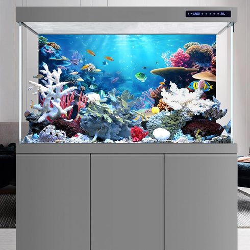YongFoto Fish Tank Background, 24x16 inch Coral Seaweed Reef Rock Underwater Backdrop for Aquarium and Terrarium