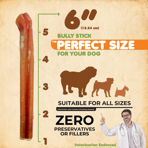 Bully Sticks 100% Natural Beef Dog Chews, 6” Premium Quality Healthy Treats for Training, 12Pcs 340g