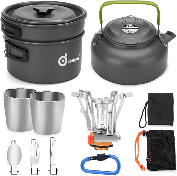 Odoland 12pcs Camping Cookware Mess Kit with Mini Stove, Lightweight Pot Pan Kettle with 2 Cups for Outdoor Camping