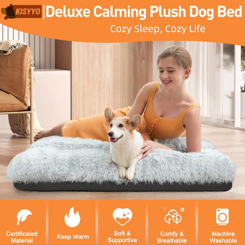 KISYYO XL Dog Bed, Deluxe Cozy Plush Fixable Dog Kennel Bed, Washable, 42 x 28 x 3 Inches, Grey