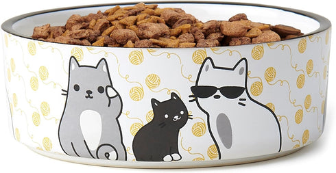 PetRageous Tangled Kitty Stoneware Cat Bowl, 2-Cup Capacity, Dishwasher Safe, 5-Inch Diameter, White.