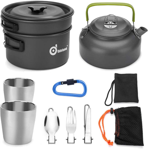 Odoland Camping Cookware Mess Kit | Lightweight Pot Pan Kettle with 2 Cups, Fork Spoon Kit for Hiking