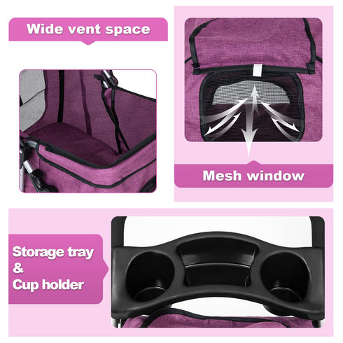 3Wheels BestPet Pet Dog Stroller for Folding Lightweight Cat Travel Stroller with Cup Holder,Purple