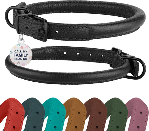 Soft Round Rolled Leather Dog Collar with ID Tag for Small Medium Large Dogs (14-17 inch, Black Midnight & Black Buckle)