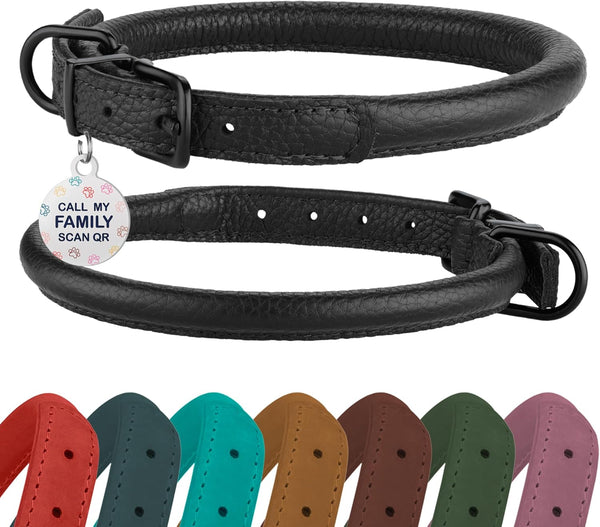 Soft Round Rolled Leather Dog Collar with ID Tag for Small Medium Large Dogs (14-17 inch, Black Midnight & Black Buckle)