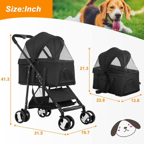 3-in-1 BestPet Pet Dog Stroller with Premium Multifunction & Detachable Carrier for Folding Lightweight Cat Travel