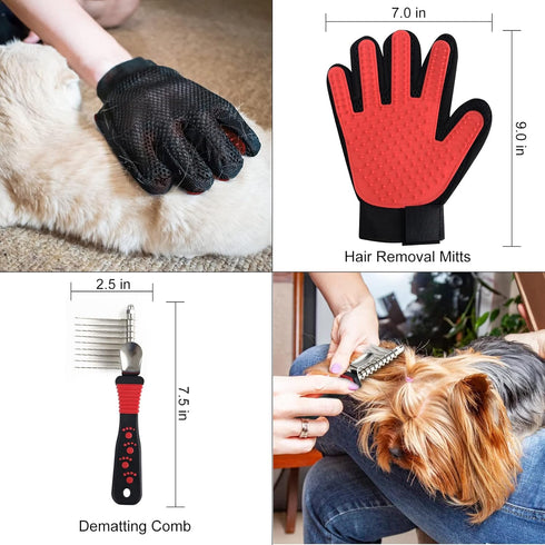 8PCS Wisedog Dog Grooming Kit - Pin & Bristle Brush, Slicker Brush, Dematting Tool, Nail Clipper, Hair Removal Mitts