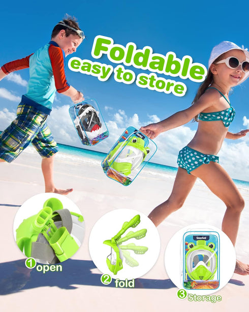 Kids Full Face Snorkel Mask, Foldable Snorkeling Gear for Ages 4-16, Anti-Leak/Anti-Fog