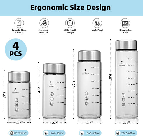 4 Pack 16 oz Glass Juice Bottles - Wide Mouth Glass Water Bottles with Lids - Borosilicate,Stainless Steel Lids